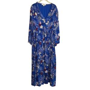 Nurture by Westbound Womens Maxi Dress 2X Blue Floral Boho Peasant Sleeve Rayon